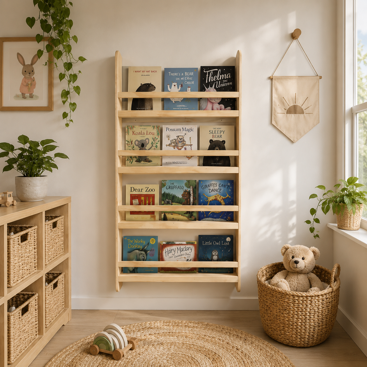 Wooden bookshelf with children's books in a room with a teddy bear, plants, and a rug.