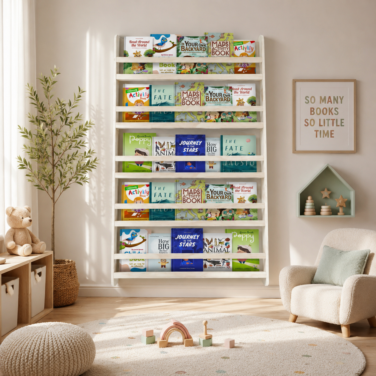 Bookshelf filled with children's books in a cozy room with a teddy bear, plant, and armchair.