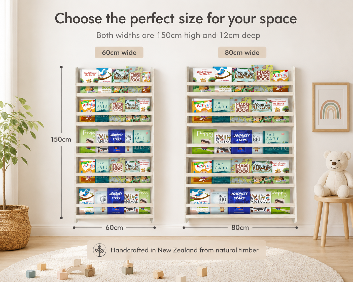 Bookshelf with product display in a room setting, showing dimensions and branding.