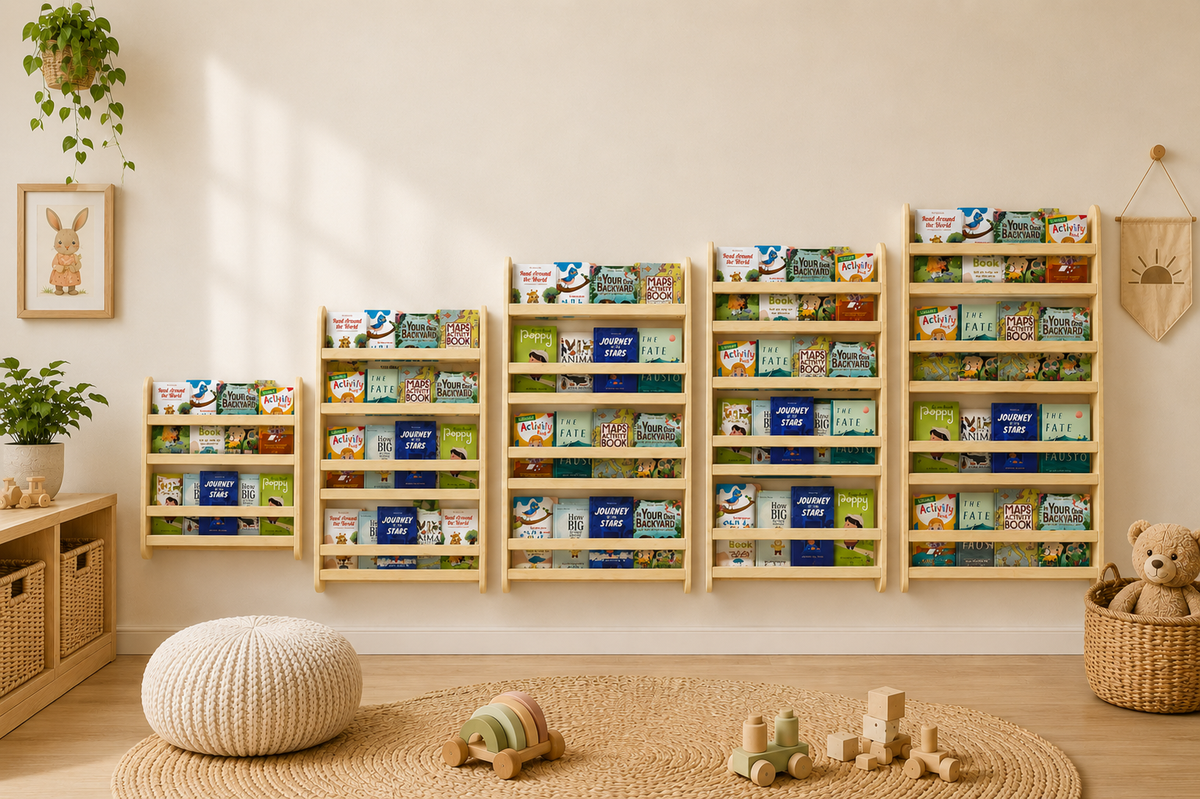 A children's bookshelf arranged in a family home