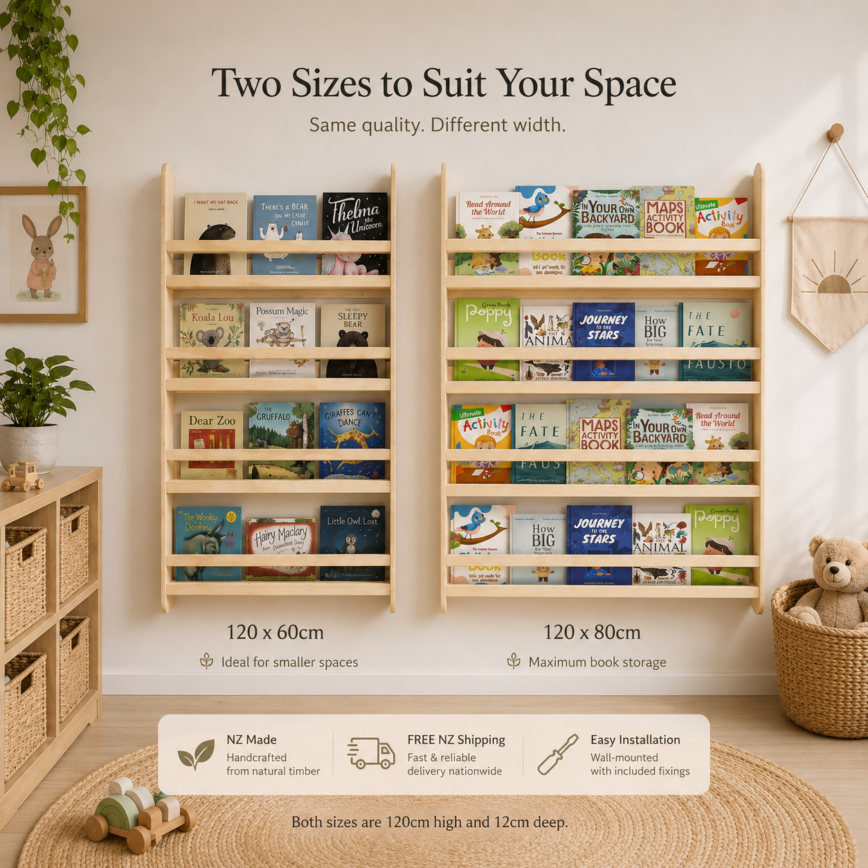 Wooden bookshelves with books and toys, labeled for different sizes.