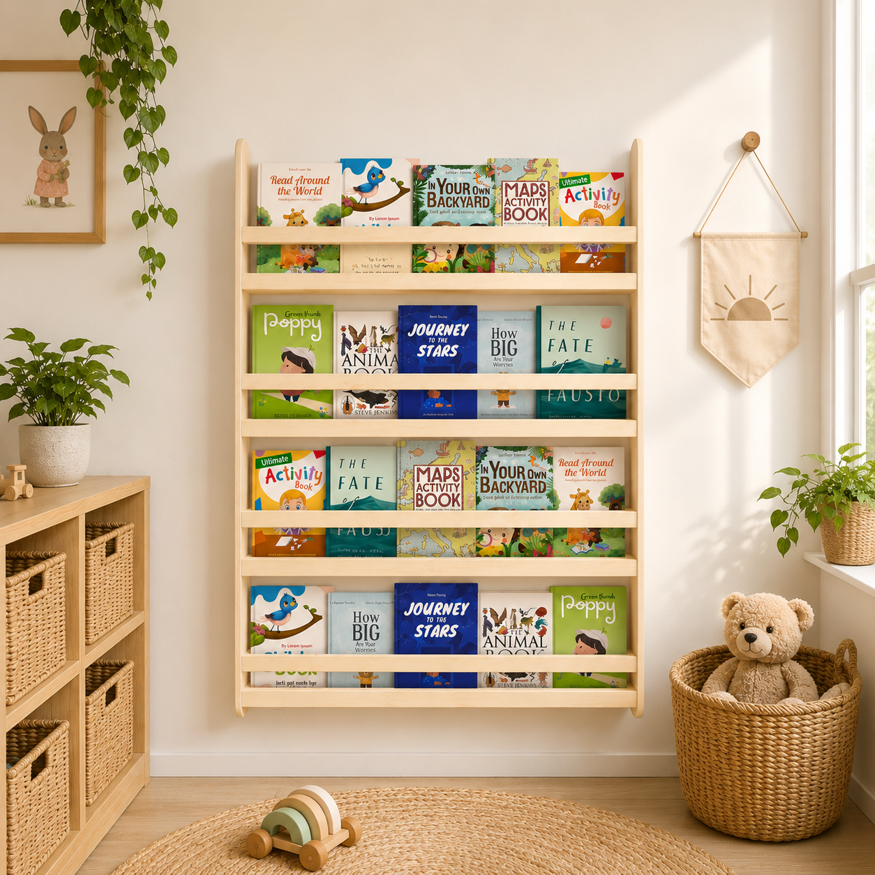 Wooden bookshelf with children's books in a room with toys and plants